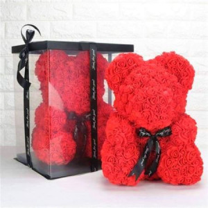 Ursulet floral rosu din Trandafiri 30 cm, decorat manual, cutie cadou