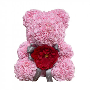 Ursulet floral roz cu bujor rosu 40 cm, decorat manual, cutie cadou