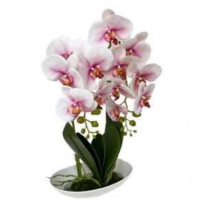 Orhideea aritificiala cu aspect natural in ghiveci ceramic, stil barcuta, roz- alb
