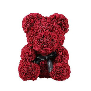 Ursulet floral bordo din Trandafiri 25 cm, decorat manual, cutie cadou