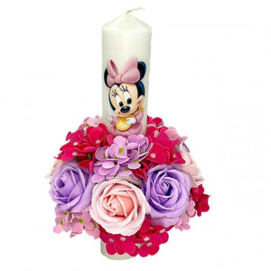 Lumanare de botez cu Minnie Mouse si flori de sapun, fata