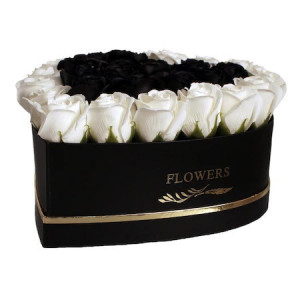 Aranjament floral inima cu trandafiri de sapun Gold Lux, negru cu margini albe