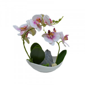 Orhidee cu aspect natural in ghiveci ceramic barcuta, alb, 25 cm