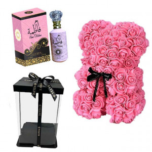 Set cadou fete, Ursulet floral roz cu inima alba din spuma 25 cm si Parfum Wadi al Khaleej Umm Fatima 100ml