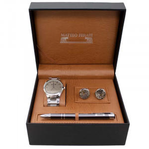 Set cadou pentru barbati trei piese, Matteo, cutie eleganta cu ceas, butoni si pix metalic, Argintiu