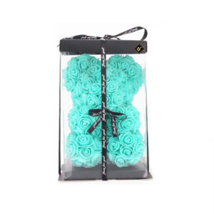 Ursulet floral turcoaz din Trandafiri 25 cm, decorat manual, cutie cadou