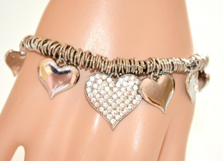 Bracciale donna argento ciondoli cuori pendenti strass brillantini cristalli charms 670