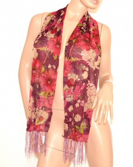 Foulard donna rosso beige viola stola coprispalle scialle lurex shimmer sciarpa fiori frange 600