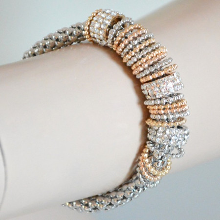 Bracciale argento donna strass anelli oro rosa cristalli brillantini elastico a molla elegante B49