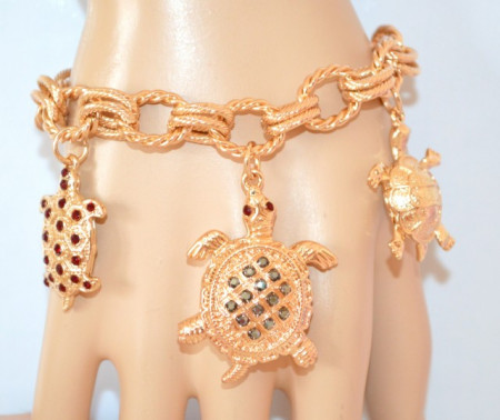 BRACCIALE donna ORO dorato CIONDOLI TARTARUGHE charms catena anelli strass bracelet 500