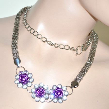 Cintura gioiello donna argento metallo fiori viola strass cristalli catena stringivita elegante 60