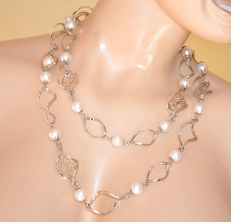 Collana extra lunga perle bianche donna Argento girocollo ciondoli filigrana catena chain necklace X52