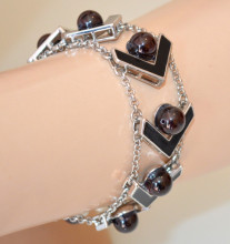 Bracciale ARGENTO NERO pietre donna ciondoli multi fili catena anelli elegante bracelet Armband G28