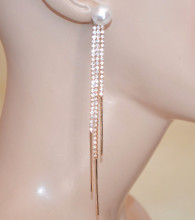 Orecchini donna oro dorati perla bianca fili lunghi pendenti strass cristalli earrings W100
