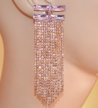 ORECCHINI donna Oro fili lunghi strass lilla glicine pendenti cristalli trasparenti eleganti cerimonia BB25