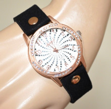 OROLOGIO donna nero oro rosa da polso strass brillantini tondo montre watch BB39