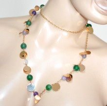 COLLANA LUNGA donna oro dorata pietre viola glicine verdi ciondoli catena long necklace GP10