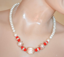 Collana oro perle bianche tonde donna girocollo cristalli rossi collier cerimonia elegante AX59