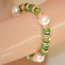 Bracciale cristalli verde chiaro donna perle bianche oro elastico a molla bracelet armband X53