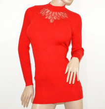MAGLIONE rosso donna maxi pull maglietta manica lunga velato strass elegante G9