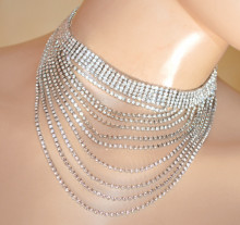 Collana donna collarino argento strass multifili girocollo collier cristalli trasparenti sposa choker necklace X32
