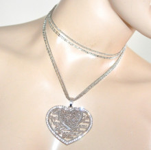 COLLANA LUNGA donna argento ciondoli cuore strass multi filo san valentino 840