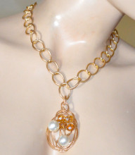 Collana oro dorata ciondolo perle bianche cristalli ambra catena girocollo collier Kette AX1