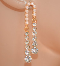 Orecchini donna pendenti lunghi oro dorato perle bianche strass cristalli pearl earrings X44