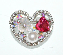 Spilla donna cuore argento strass cristallo rosa fucsia perla bianca fiore broche brooch M86