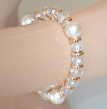 Bracciale cristalli bianchi donna perle bianche oro elastico a molla bracelet armband X53