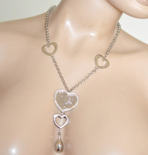 Collana argento donna ciondoli cuori girocollo catena anelli strass collier necklace NX63