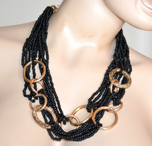 COLLANA NERA anelli oro dorati donna strass girocollo fili perline corallini collier S3