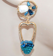 Orecchini cristalli pietre azzurre turchesi donna oro dorato cuore perla bianca earrings Ohrringe X16