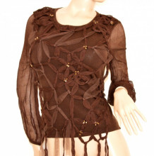 Maglione donna marrone ELEGANTE maglietta manica lunga velata maglioncino fiori oro 105