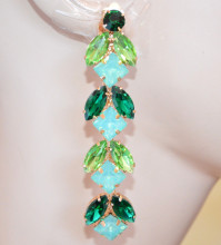Orecchini a clips donna oro cristalli verde smeraldo acquamarina pendenti lunghi crystal earrings AX19