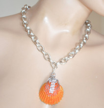 Collana ciondolo donna conchiglia arancio catena girocollo argento strass necklace NX23
