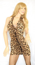 MINI ABITO donna vestito marrone leopardato corto maculato nero serpente dorato strass brillantini sexy schiena nuda V11