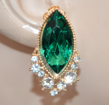 Orecchini a clips donna oro cristallo Verde a lobo bottone strass elegante earrings Ohrringe W115