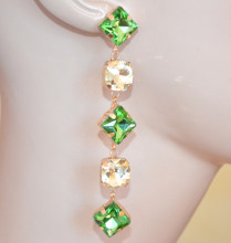 Orecchini donna cristalli verdi oro champagne pendenti lunghi rombi eleganti crystal earrings AX15
