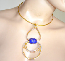 Collana donna argento oro dorato girocollo rigido ciondolo fili pietra blu collier D92