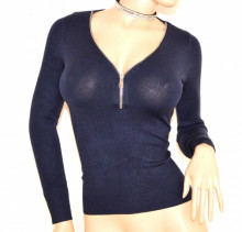 MAGLIETTA BLU maglia donna manica lunga sottogiacca scollatura V zip argento F95
