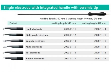 Electrod monopolar cu varf ceramic 340 mm, 5 mm, maner integrat tip Hook / tip L / tip spatula