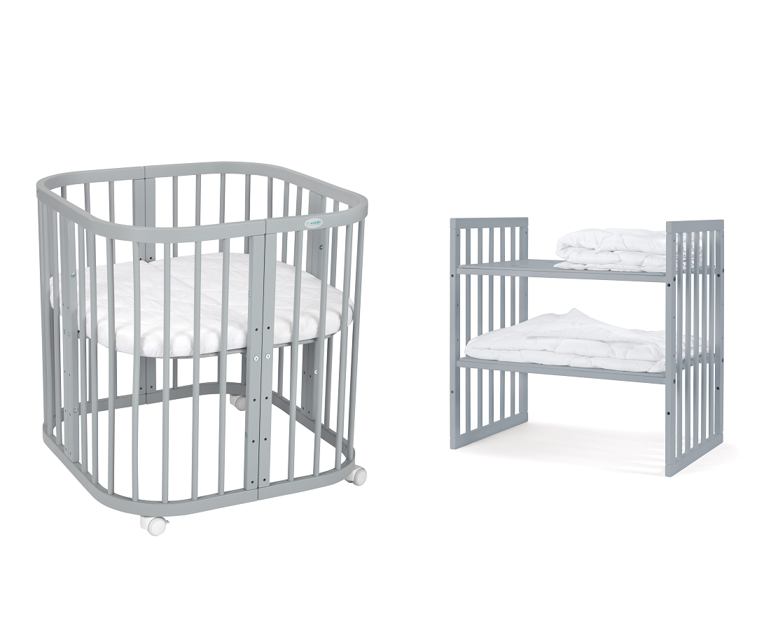 Patut Rotund Evolutiv pentru Copii, Multifunctional, 7in1, Saltele Incluse, Transformabil, Masa de Schimbat, Co-Sleeping, Tarc de Joaca, Birou, Scaune, Waldin, Gri 12 Patut Evolutil 1