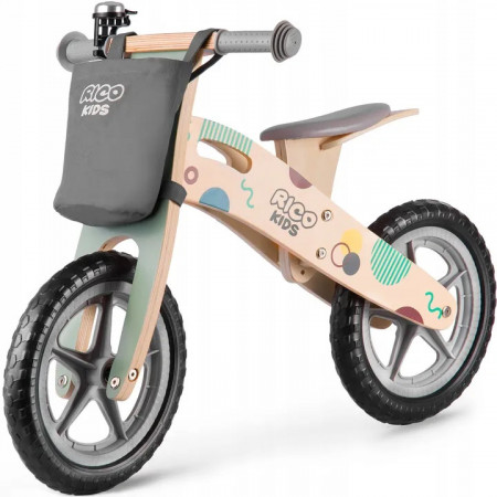 Bicicleta de echilibru din lemn pentru copii, cu geanta si clopotel, Ricokid, RC-610