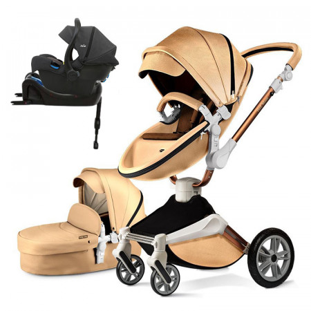Set 4 in 1 - Carucior Hot Mom 360 Champagne 2 in 1 + Scoica auto Joie i-Size i-Gemm 2 Shale + Baza isofix i-Base