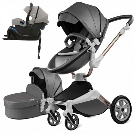 Set 4 in 1 - Carucior Hot Mom Dark-Grey 2 in 1 + Scoica auto Joie i-Size i-Gemm 2 Pebble + Baza isofix i-Base