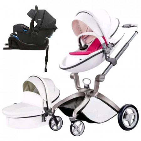 Set 4 in 1 - Carucior Hot Mom Premium Alb2 in 1, pernita roz + Scoica auto Joie i-Size i-Gemm 2 Shale + Baza isofix i-Base