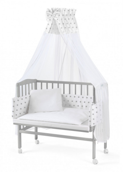 Waldin - Set Patut Bedside 2in1 Gri, 90 cm x 55 cm, laterala detasabila, co-sleeping, cu Saltea + Aparatoare alba cu stelute gri+ Baldachin
