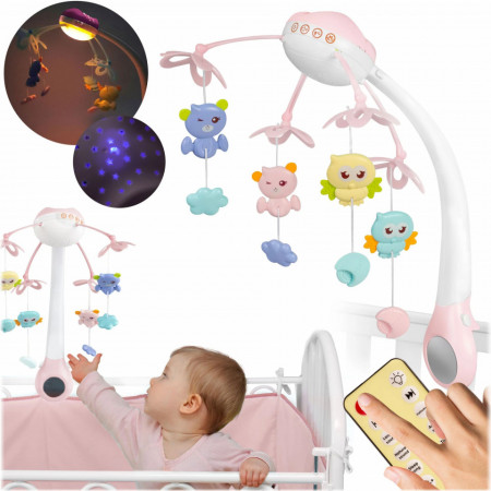 Carusel mobil, Ricokids, cu proiector de lumini si telecomanda, stelute colorate, jucarii, temparizator, RK-813, Roz