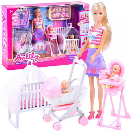 Set papusa Anlily Doll, 30 cm, babysitter cu 2 bebelusi, carucior, patut, scaun de masa, Jokomisiada
